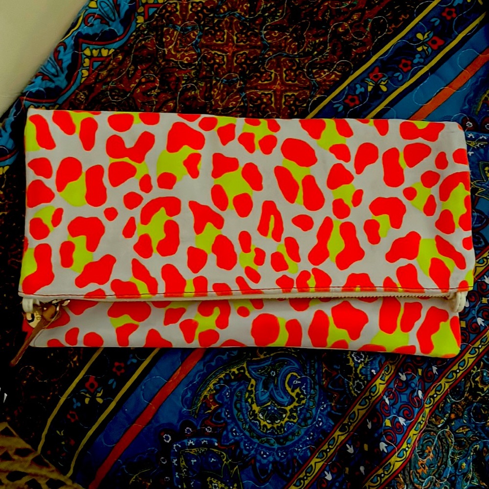 NEW Clare V. Suede Foldover Clutch Neon Cat with tabs.
